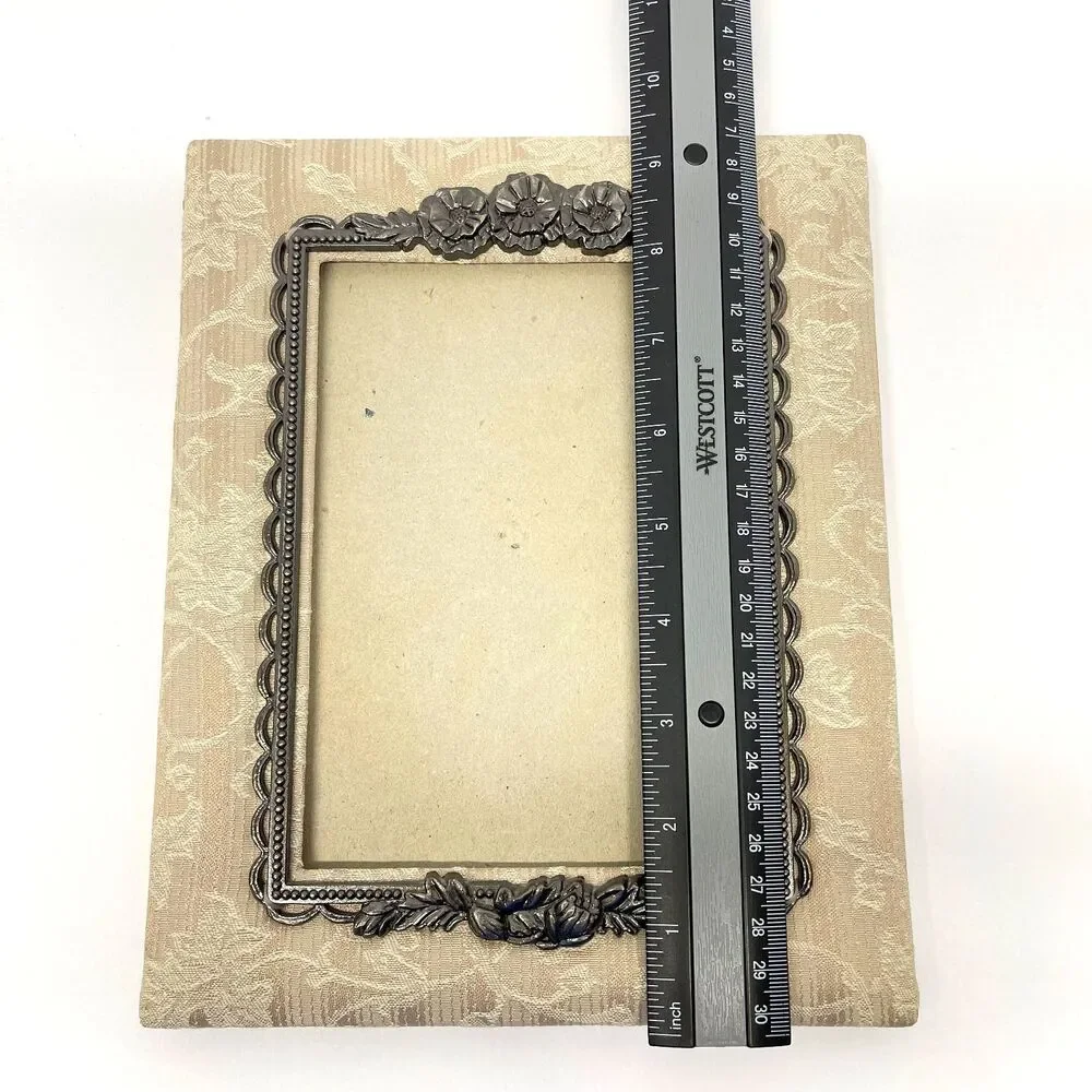 Vintage Russ Berrie 5x7 Fabric Pewter Floral Photo Frame with Tag-Tabletop